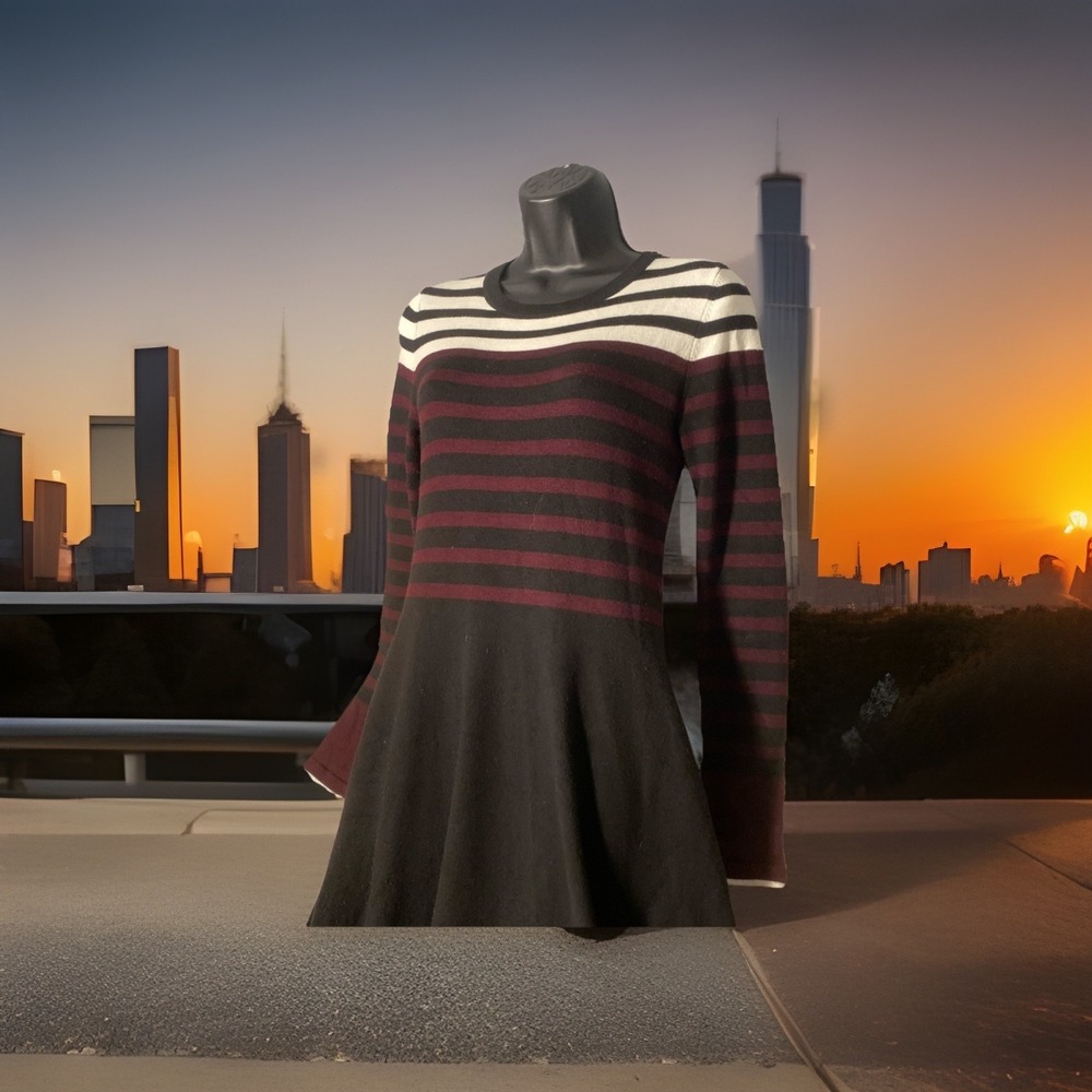 Vince Camuto Fit Flare Sweater Dress Size XS Black Red Striped Long Sleeve - Picture 2 of 6